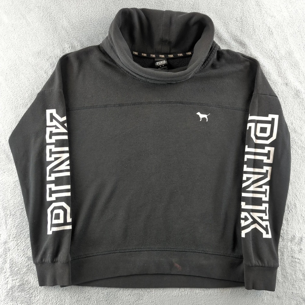 PINK Victorias Secret Sweatshirt Womens Medium Black‎ White Pullover Funnel Neck